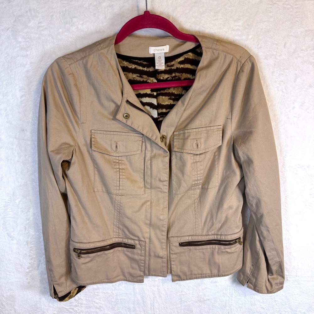 Chico's Utility Jacket Khaki Animal Print Lining Size 0 Tan Women's